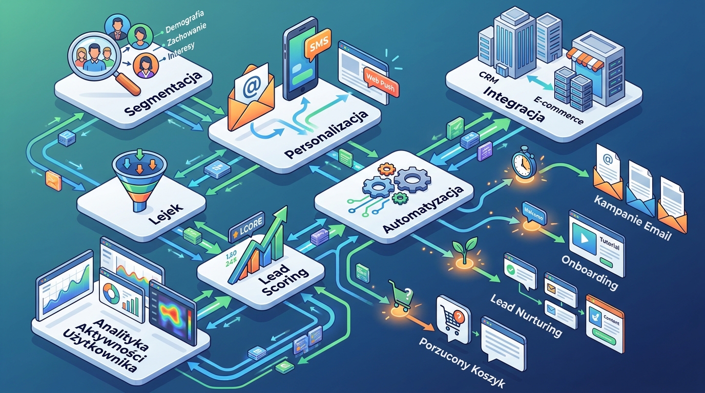 Przykład działania marketing automation Nowoczesny panel prezentujący workflow oraz triggery marketingowe
